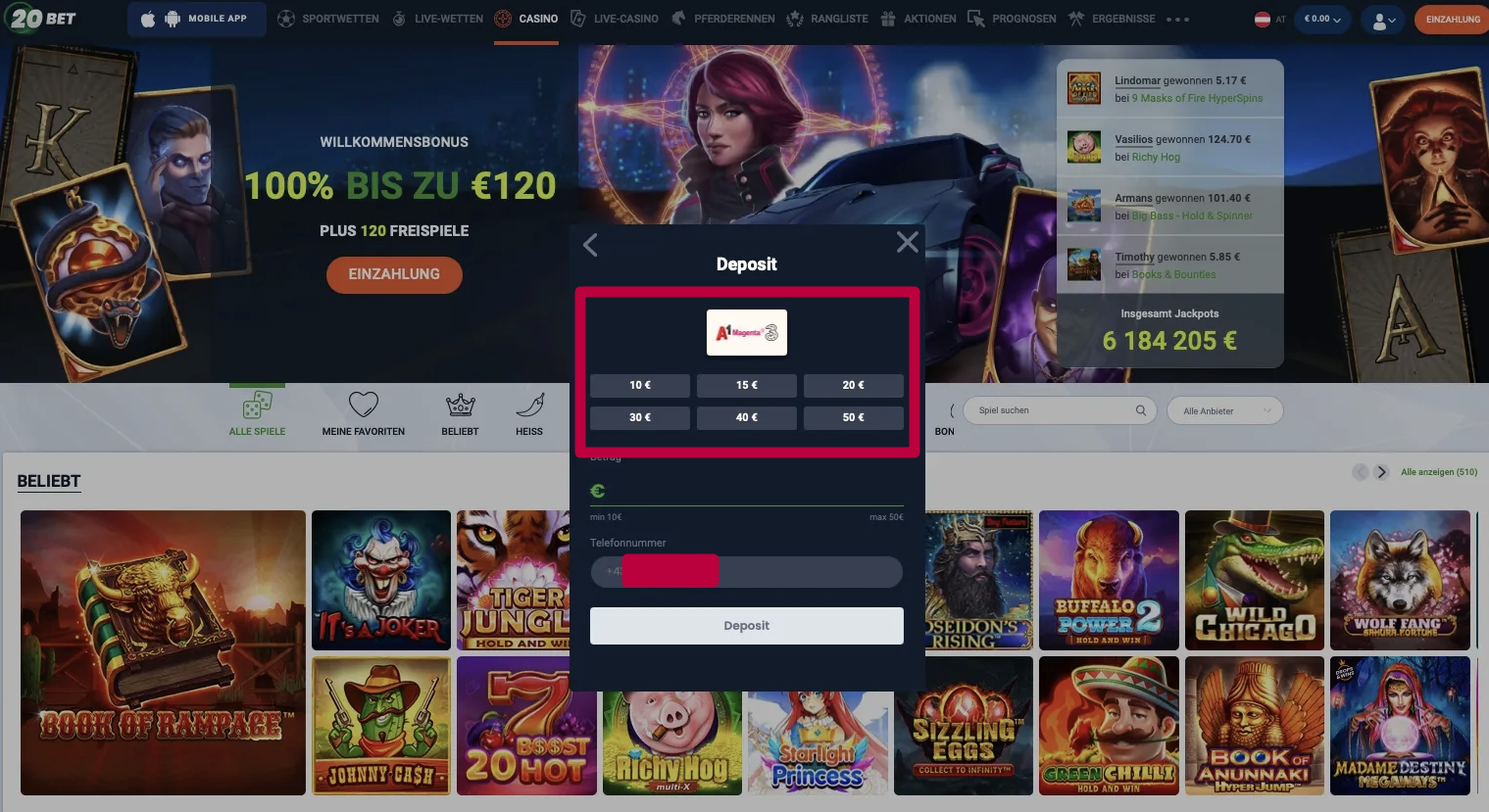 Magenta-Zahlung bei 20Bet online casino